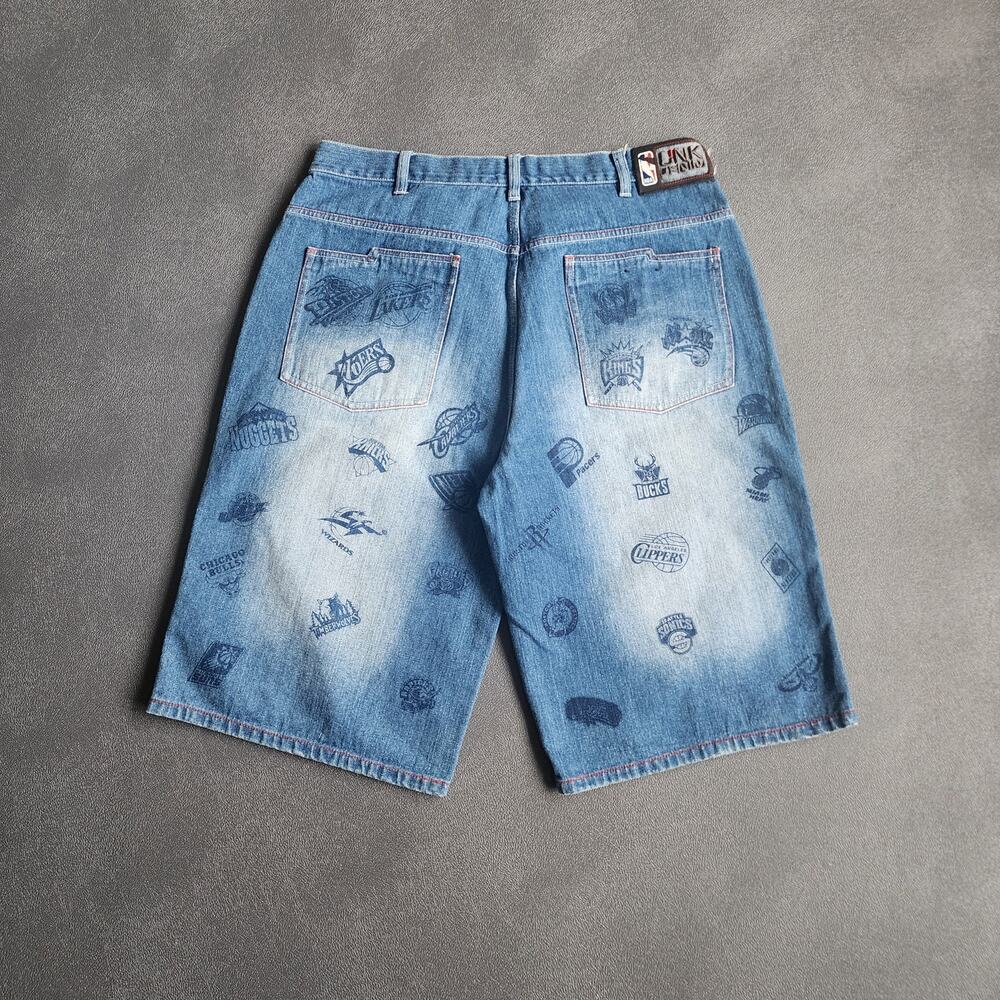 Vintage Baggy NBA UNK AOP Denim Jean Shorts 38 - Picture 5 of 10